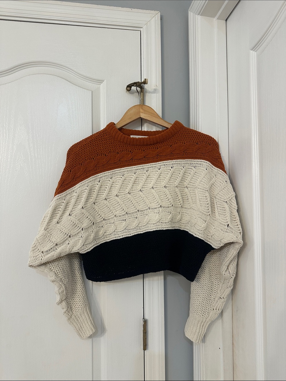 Planet Gold Colorblock Cable-Knit Crew Sweater in Rust, Cream & Black